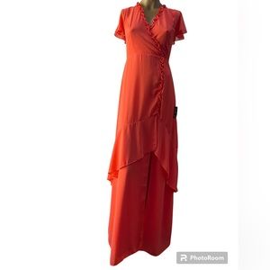 Orange maxi dress with ruffle and front slit